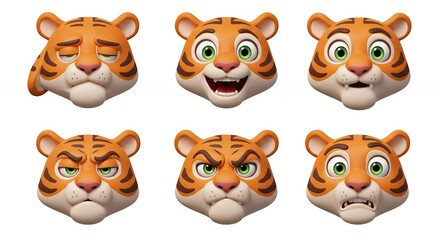 Cartoon tiger heads with different expressions