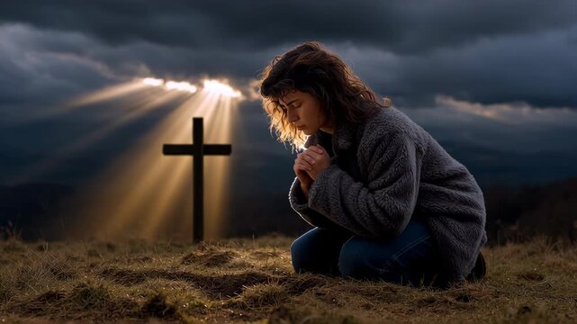 Woman kneeling prayer near cross outdoors with sunlight breaking through clouds, peaceful and hopeful moment filled with faith