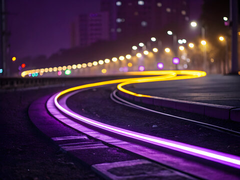 Glowing purple and yellow light trails curve along tram tracks at night with blurred city lights in background - Powered by Adobe