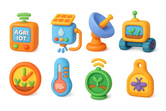 Smart farming equipment icons in colorful 3d cartoon style for modern agriculture - Powered by Adobe