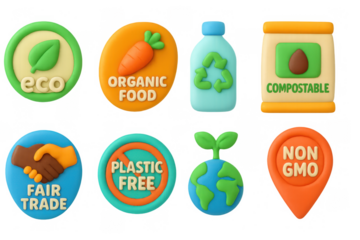 Eco-friendly icons highlighting sustainability and organic living in clay art style