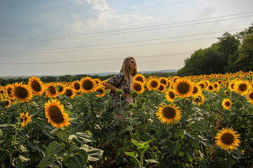 young blond woman stands in sunflower field, profile, view from afar, full length, evening sun, large yellow flowers, posing, smiling
