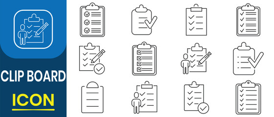 Clipboard icon vector set. Check list, report, survey, questionnaire, checkmarks, document, gear, pencil. Checkboard sign symbol. Vector illustration.