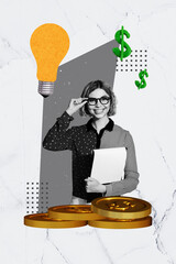 Trend sketch design 3D photo collage of young businesswoman smile hand hold eyewear idea lamp rich...
