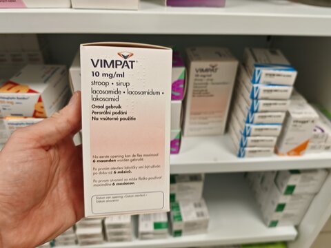 Prague,Czech Republic-May 6 2025: Vimpat medication box, active substance lacosamide, produced by UCB for epilepsy treatment.
