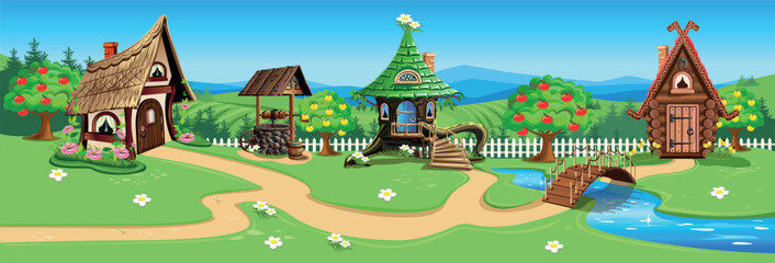 Fairytale village with cartoon houses, well, winding path and bridge over river. Panoramic vector illustration of fairytale architecture and nature.