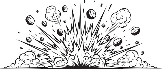Comic book style explosion graphic with radiating energy and smoke.