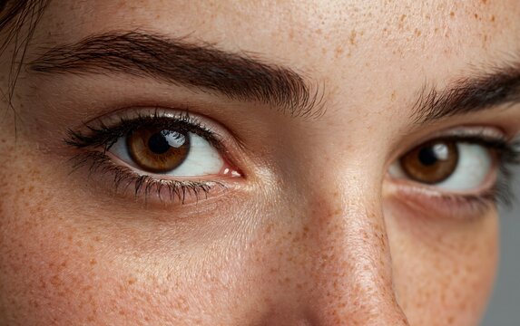 A close-up of the eyes and eyebrows of an attractive woman, highlighting her brown eyes with a clear skin tone. The focus is on the eye area where she has dark circles under both eyelids. 