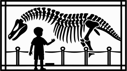 Silhouette of a child gazing at a dinosaur skeleton exhibit in a museum behind ropes and a frame
