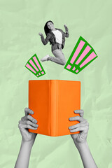 Artwork sketch vertical photo collage of happy girl guy stand hands hold book bookworm hobby reader...