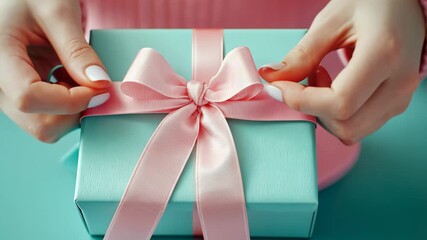 Hands neatly tying a pink ribbon bow on a gift box for a special celebration - Powered by Adobe