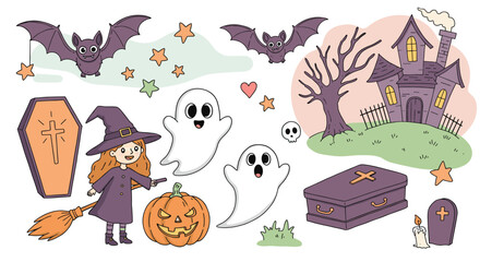 Charming halloween cartoon elements with witch, ghosts, and haunted house