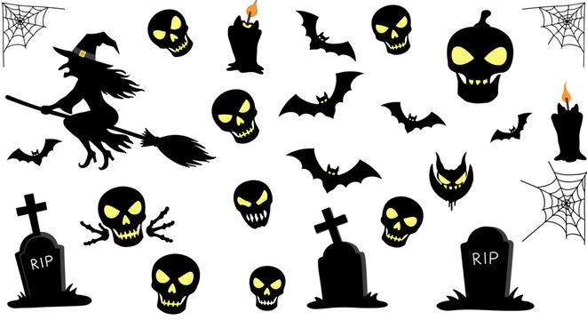 Halloween silhouettes: witch, skulls, bats, tombstones, and spiders