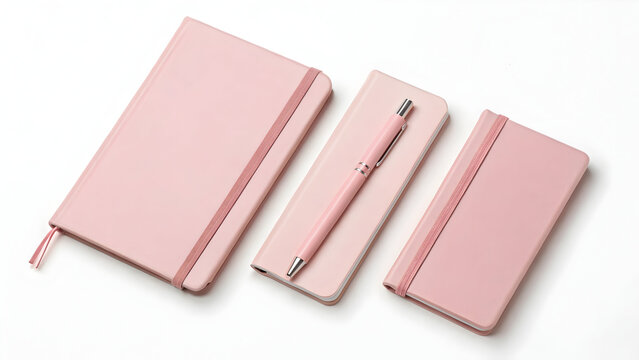 Three pastel pink notebooks and a matching pen arranged on a white background writing