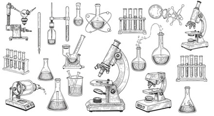Vintage laboratory equipment set with microscopes and test tubes in hand-drawn style