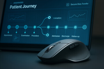 A computer mouse sits in front of a tablet displaying a patient journey diagram