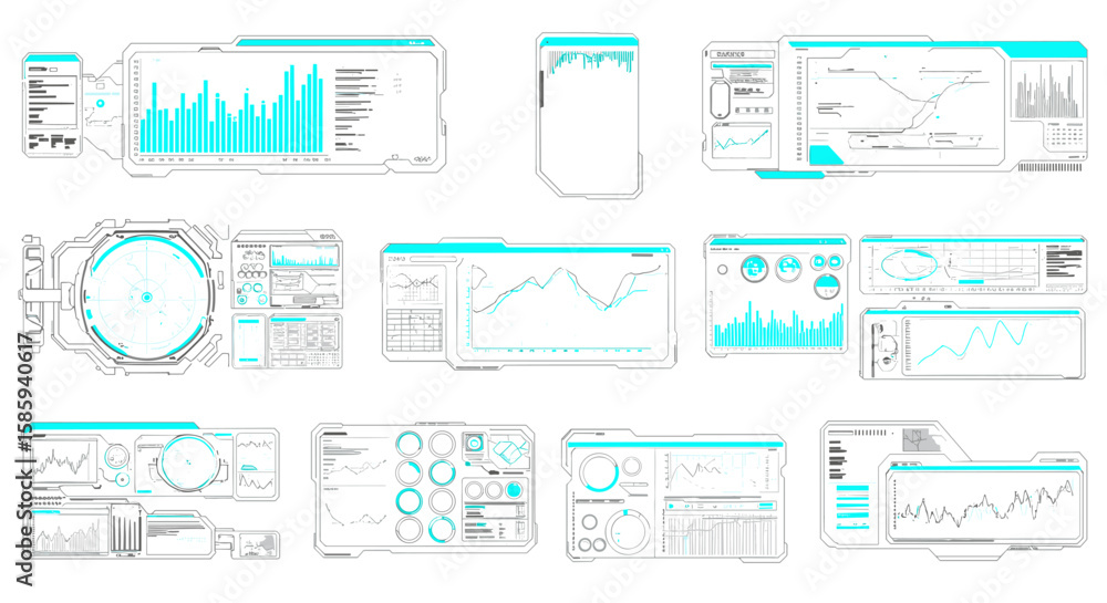 Poster futuristic blue tech interface panels with graphs and data elements