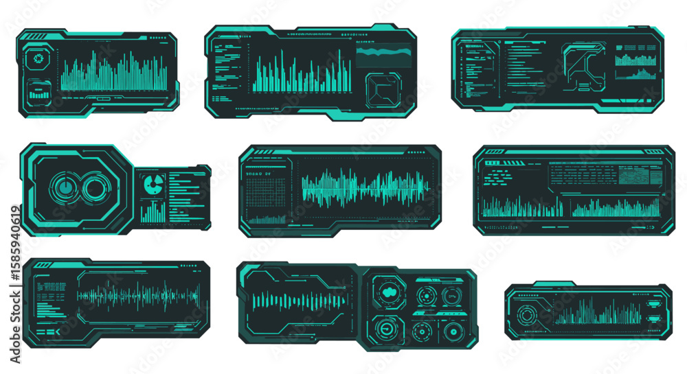 Poster futuristic user interface panels with digital monitor elements in tech style design