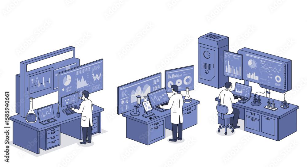 Poster isometric laboratory scene with scientists analyzing data on multiple monitors