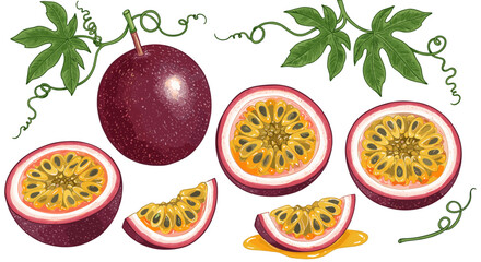 Realistic passion fruit with leaves and vines in detailed botanical style