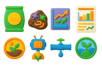 Colorful 3d icons of agricultural technology and ai in farming