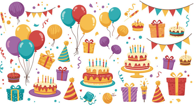 Colorful birthday party elements with balloons, cakes, and gifts