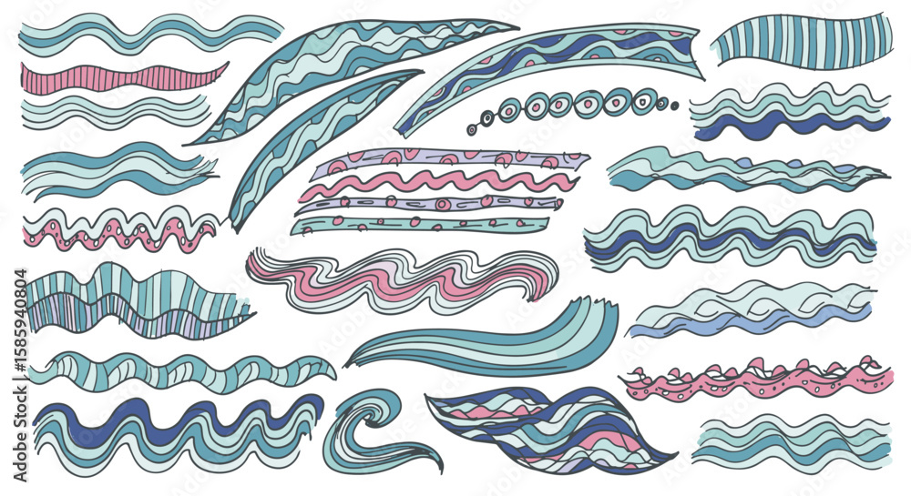Poster colorful doodle wave patterns in whimsical style with curves and swirls