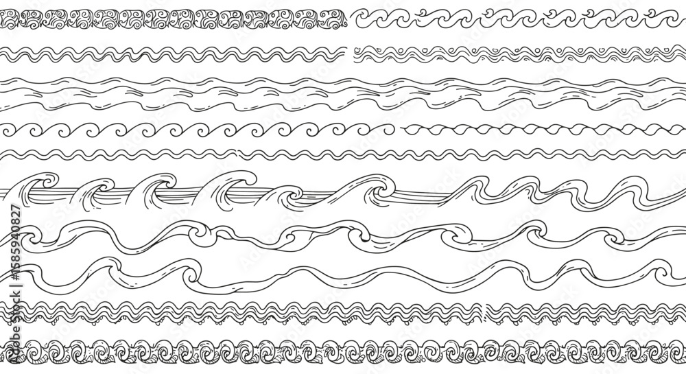 Poster decorative wave patterns collection: hand-drawn borders and dividers with intricate swirls