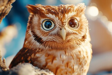 A brown and white owl sitting on top of a tree branch