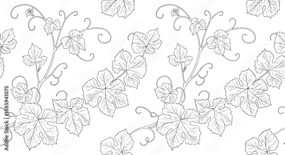 Poster seamless pattern with grapevine leaves in detailed linear design