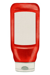 Watercolor drawing of tomato ketchup. Sauce. Tomato. Bottle or plate of ketchup. Watercolor drawing. Menu.
