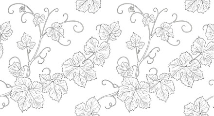 Seamless pattern with grapevine leaves in detailed linear design