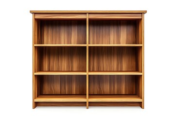 Empty wooden bookshelf with shelves for storing books and decorations in a library
