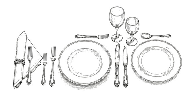 Elegant dinner table setting with plates, cutlery, and glasses in a vintage sketched design