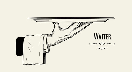 Elegant waiter hand with tray in vintage style artwork
