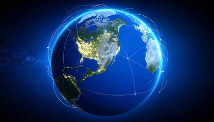 A global digital network.  Earth with illuminated continents and connecting lines