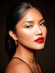 A glamorous woman with smooth skin, bold red lipstick, and gold hoop earrings poses against a dark background.
