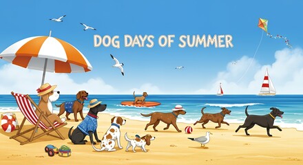 Cartoon Beach Scene Featuring Dogs Surfing, Relaxing, and Playing Under “Dog Days of Summer” Banner — Whimsical Pet-Themed Illustration Capturing Vacation Vibes, Summer Fun, and Animal Personality
