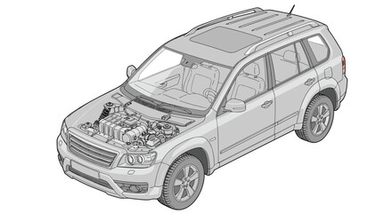 Fototapeta premium Detailed transparent view of car engine in isometric drawing
