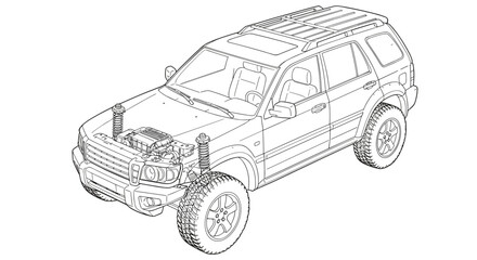 Fototapeta premium Detailed line art of off-road suv with visible engine and suspension