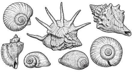 Detailed seashell drawings on white background
