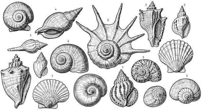 Detailed hand drawn seashell collection with vintage black and white nautical theme
