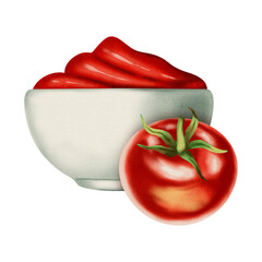 Watercolor drawing of tomato ketchup. Sauce. Tomato. Bottle or plate of ketchup. Watercolor drawing. Menu.
