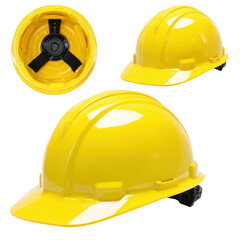 Fototapeta premium A set of three yellow hard hats, showing different angles, isolated on a transparent background