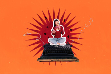 Art sketch image vertical collage of happy girl sit retro typescript hold phone headphones novelist...
