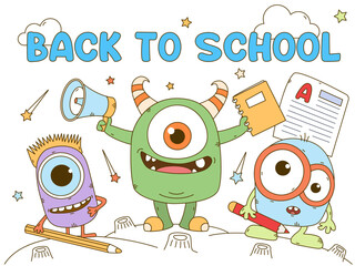Back to school. Cute monsters with school supplies, pencils, notebook, megaphone. Fun cartoon background for kids education. Vector illustration.
