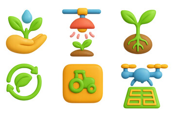 3d sustainable agriculture icons: hands, plants, and technology