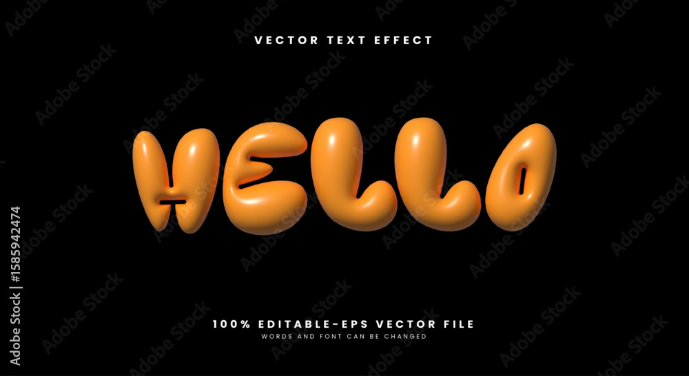 Poster hello 3d inflated style editable text effect template suitable for cute font