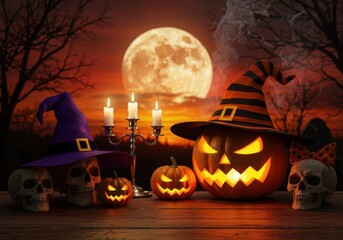 Spooky halloween scene with jack o lanterns skulls and a full moon