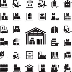 Diverse Logistics Icons Representing Warehousing, Shipping, and Transportation Activities in a Modern and Minimalist Style Graphic